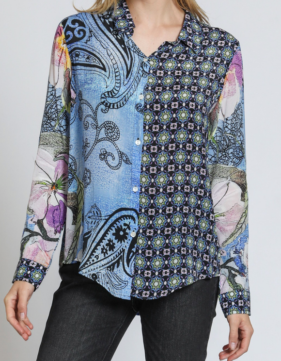 Button Front Mixed Print Blouse
