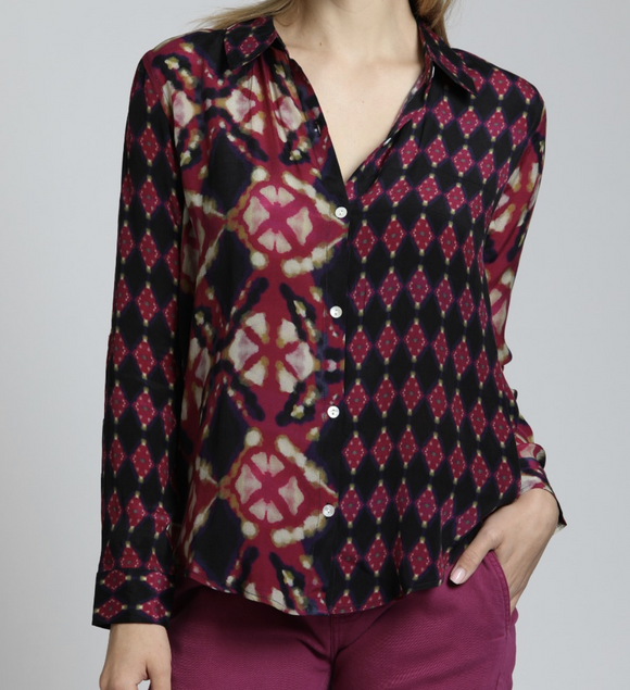 Print Button Front Blouse