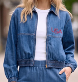 Denim Flag Embroidery Bomber