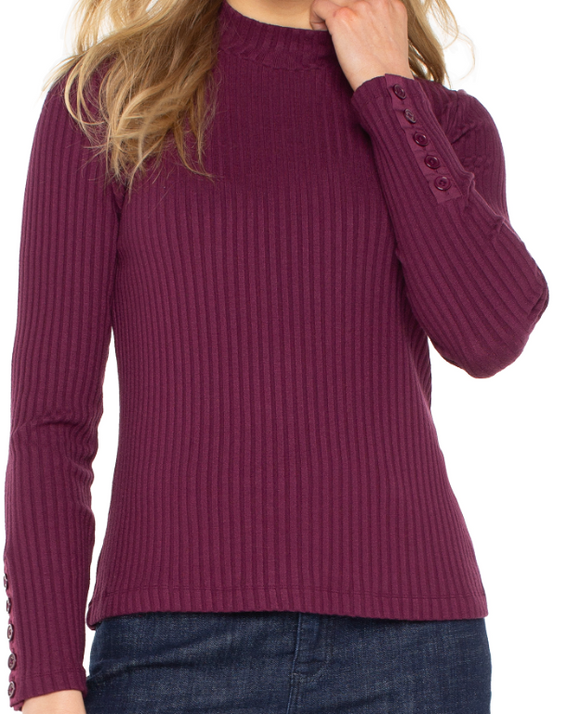 Long Sleeve Mock Neck Top with Button Detail