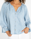 3/4 Sleeve Butto Front Shirred Woven Top