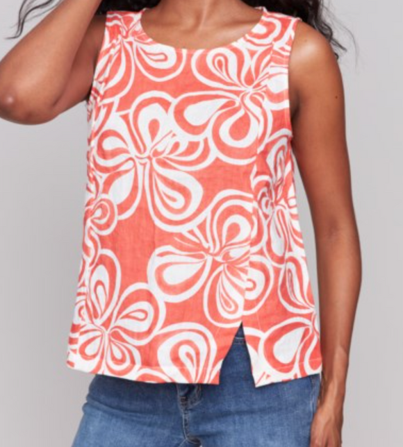 Printed Sleeveless Linen Blend Top with Slit