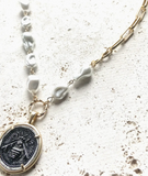 Bee Coin Necklace Vintage Glass Pearl