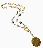 Denim Pearl Cross Medallion Necklace Lord’s Prayer