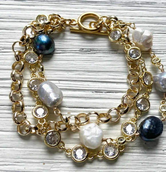 Denim Pearl & Crystal Bracelet