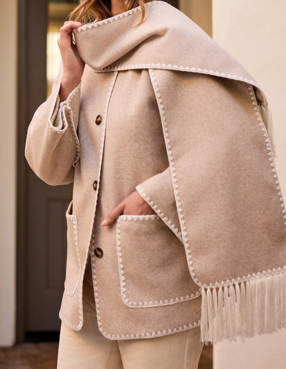 Button Front Coat with Detachable Scarf