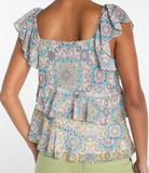 Flutter Sleeve Draped Woven Blouse