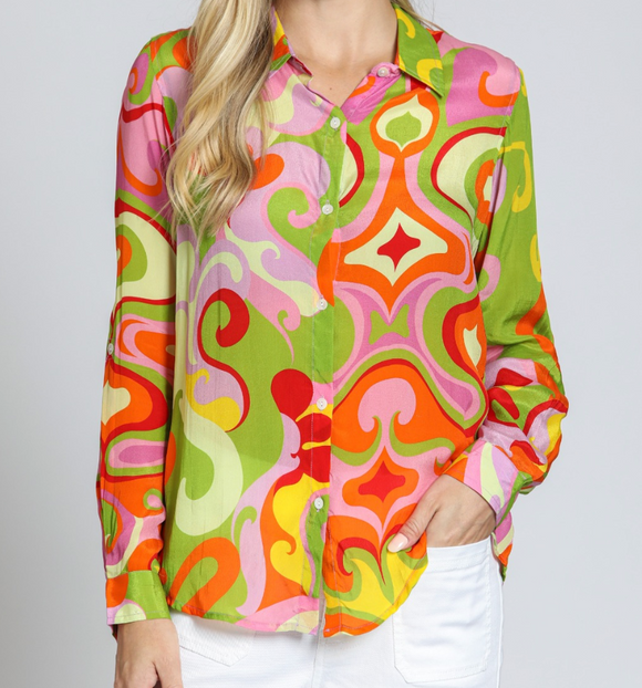 Print Button Front Blouse