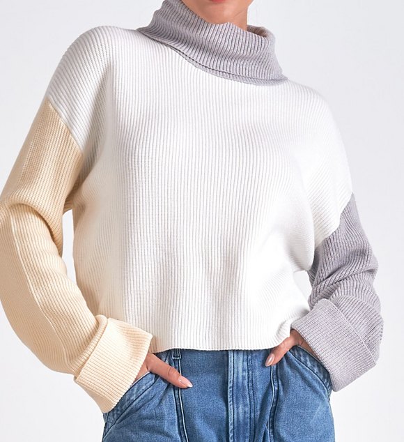 Color Block Crop Turtleneck Sweater