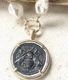 Bee Coin Necklace Vintage Glass Pearl
