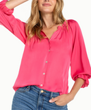 3/4 Sleeve Button Front Woven Top with Ruffles
