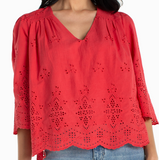 3/4 Sleeve V-Neck Eyelet Woven Top