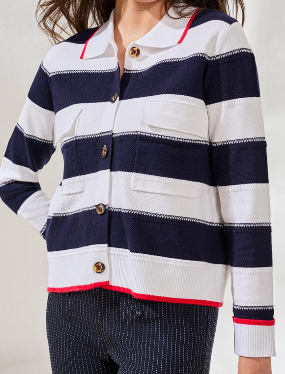 Double Knit Button Front Stripe Cardigan