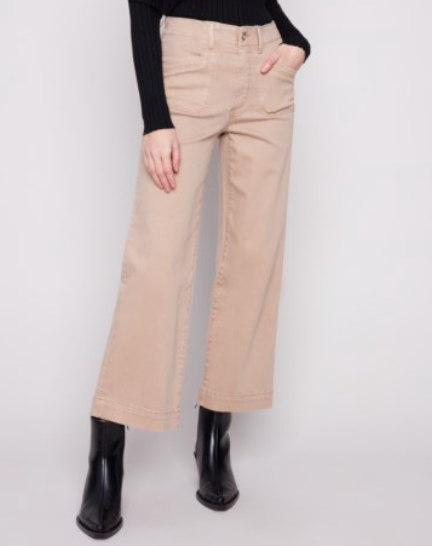 Cropped Wide Leg Twill Pant with Patch Pockets