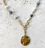 Denim Pearl Cross Medallion Necklace Lord’s Prayer