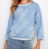 Reversed Print 3/4 Sleeve Sweater with Curved Hem