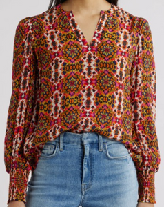 Split Neck Top with Smocked Cuffs
