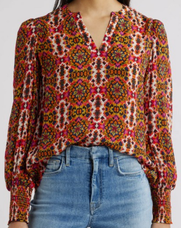 Split Neck Top with Smocked Cuffs
